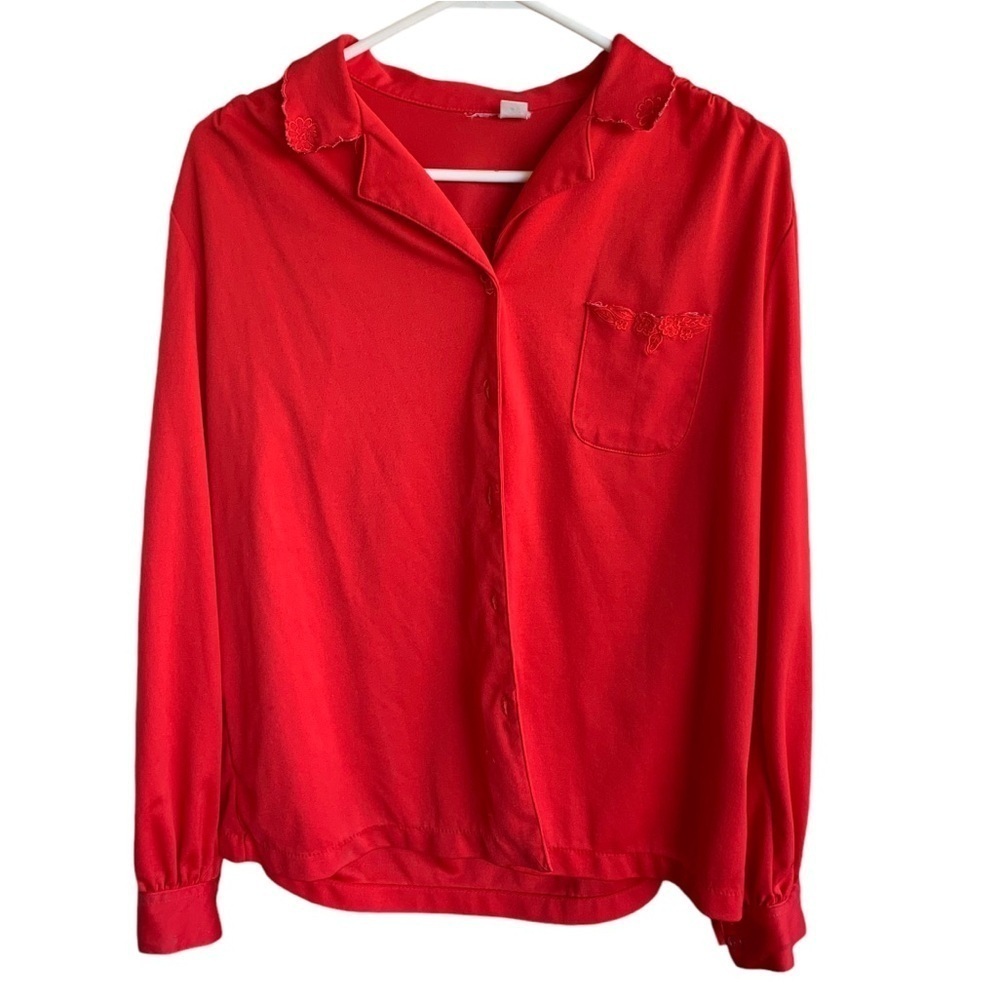Vintage Red Blouse Women’s Top Button Up Size 38 70s 80s Retro